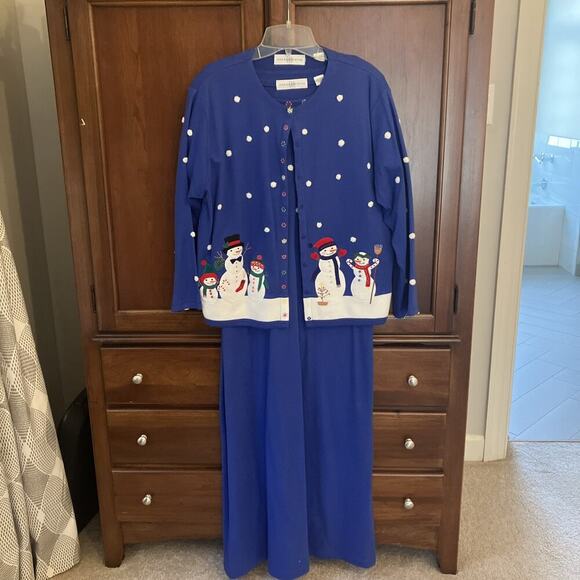 Marisa‎ Christina Dress / Cardigan Set Outfit Women’s Size XL Large Snowman Blue - Picture 1 of 14